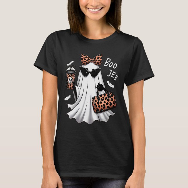 Womens Coquette Leopard Ghost Coffee Boo-jee Hallo T-Shirt (Front)