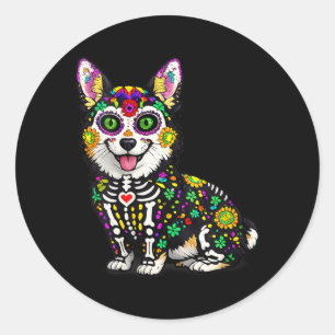 Womens Corgi Dog Mexican Sugar Skull Calavera Viva Classic Round Sticker