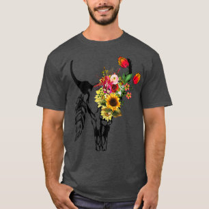 Women's Cow Skull Boho Floral Rose Sunflower Graph T-Shirt