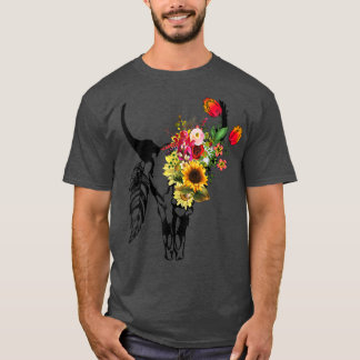Women's Cow Skull Boho Floral Rose Sunflower Graph T-Shirt