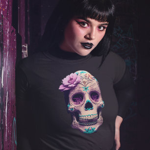 Womens Creepy Horror Gothic Candy Skull Flower T-Shirt
