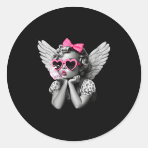 Womens Cupid Blowing Bubble Heart Sungles Leopard Classic Round Sticker