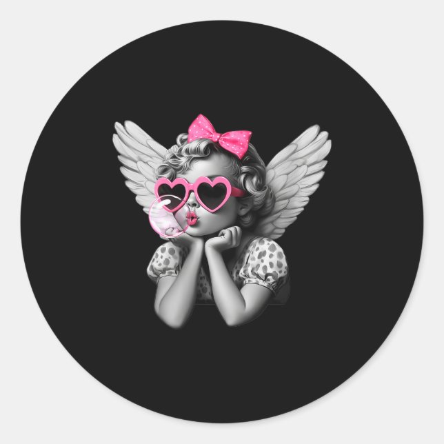 Womens Cupid Blowing Bubble Heart Sungles Leopard  Classic Round Sticker (Front)