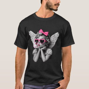 Womens Cupid Blowing Bubble Heart Sungles Leopard T-Shirt
