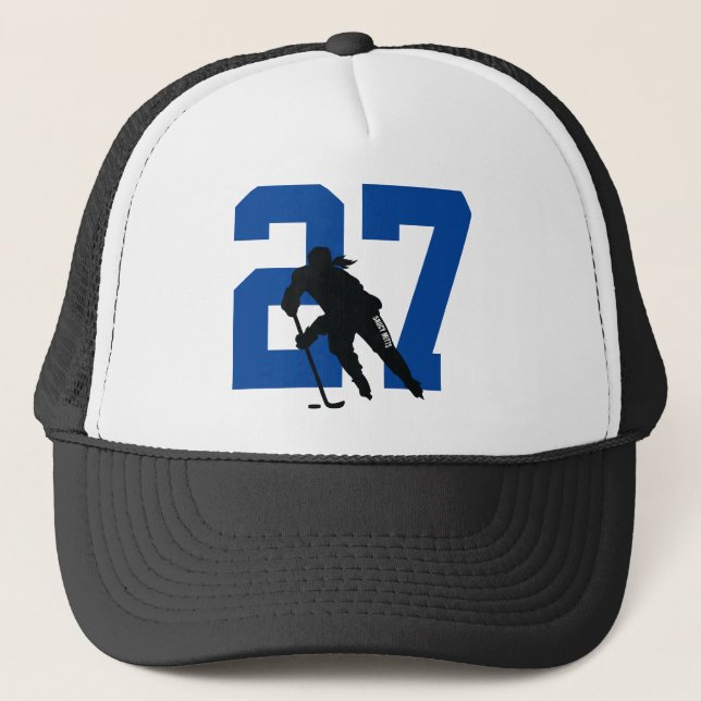 Women's Custom Hockey Player Number Black and Blue Trucker Hat (Front)