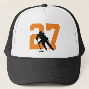 Women's Custom Hockey Player Number Orange Black Trucker Hat
