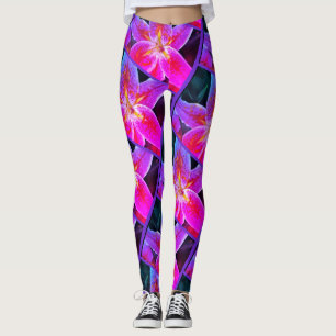 Women's Custom Leggings, Stargazer Lily Pattern Leggings