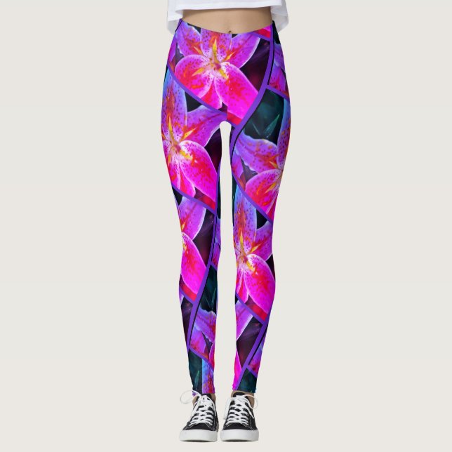 Women's Custom Leggings, Stargazer Lily Pattern Leggings (Front)