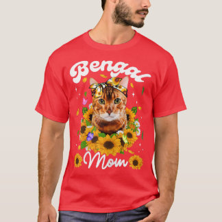 Womens Cute Bengal Cat Mum Sunflower Mothers Day  T-Shirt