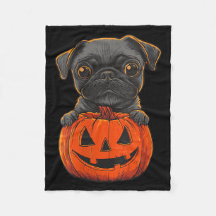 Womens Cute Black Pug Jack O Lantern Pumpkin Fleece Blanket