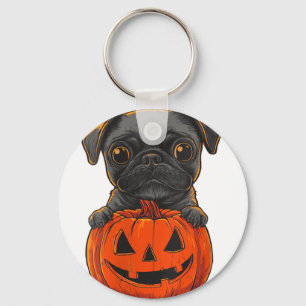 Womens Cute Black Pug Jack O Lantern Pumpkin Key Ring