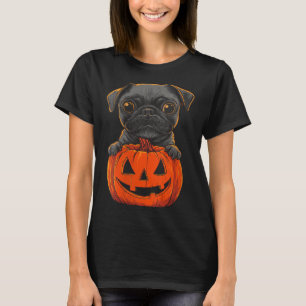 Womens Cute Black Pug Jack O Lantern Pumpkin T-Shirt