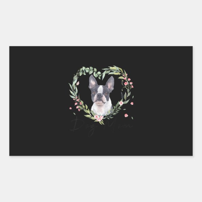 Womens Cute Boston Terrier Mum Flower Dog Lover Rectangular Sticker (Front)
