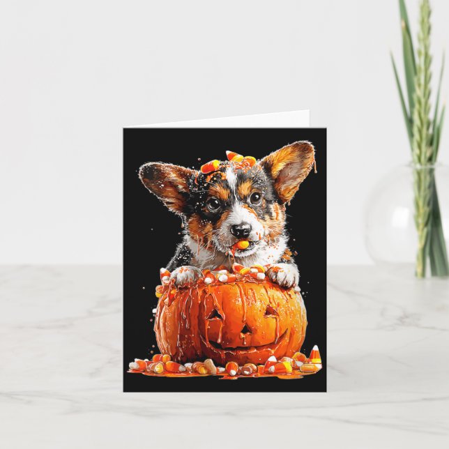 Womens Cute Corgi Dripping Pumpkin Candy Corn Card (Front)