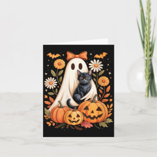 Womens Cute Ghost With Black Cat Bats And Pumpkins Card