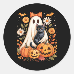Womens Cute Ghost With Black Cat Bats And Pumpkins Classic Round Sticker