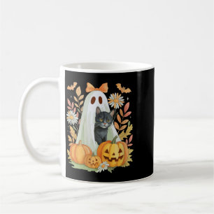 Womens Cute Ghost With Black Cat Bats And Pumpkins Coffee Mug