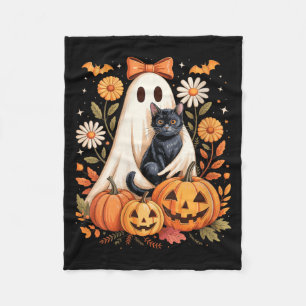 Womens Cute Ghost With Black Cat Bats And Pumpkins Fleece Blanket