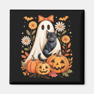 Womens Cute Ghost With Black Cat Bats And Pumpkins Magnet