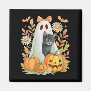 Womens Cute Ghost With Black Cat Bats And Pumpkins Magnet