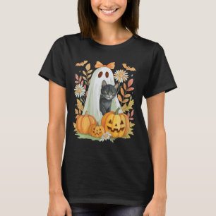 Womens Cute Ghost With Black Cat Bats And Pumpkins T-Shirt