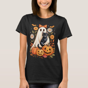 Womens Cute Ghost With Black Cat Bats And Pumpkins T-Shirt