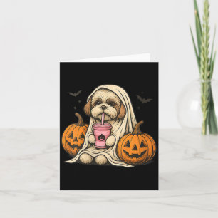 Womens Cute Halloween Dog Ghost With Pumpkins Card