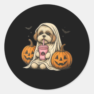 Womens Cute Halloween Dog Ghost With Pumpkins Classic Round Sticker