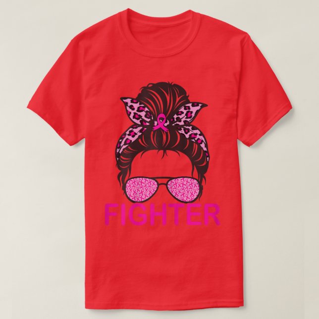 Womens Cute Messy Bun Fighter Leopard Pink Breast  T-Shirt (Design Front)