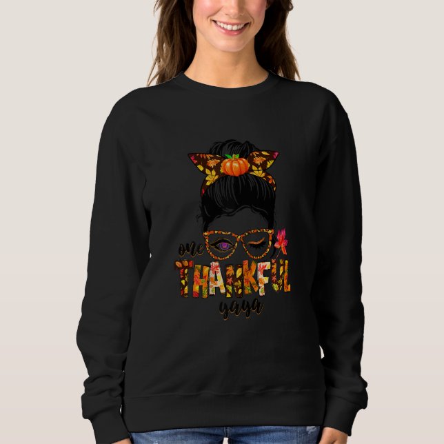 Womens Cute One Thankful Grandma Messy Bun Fall Au Sweatshirt (Front)