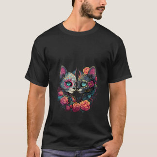 Womens Cute Sugar Skull Cat Halloween Mexican Day T-Shirt