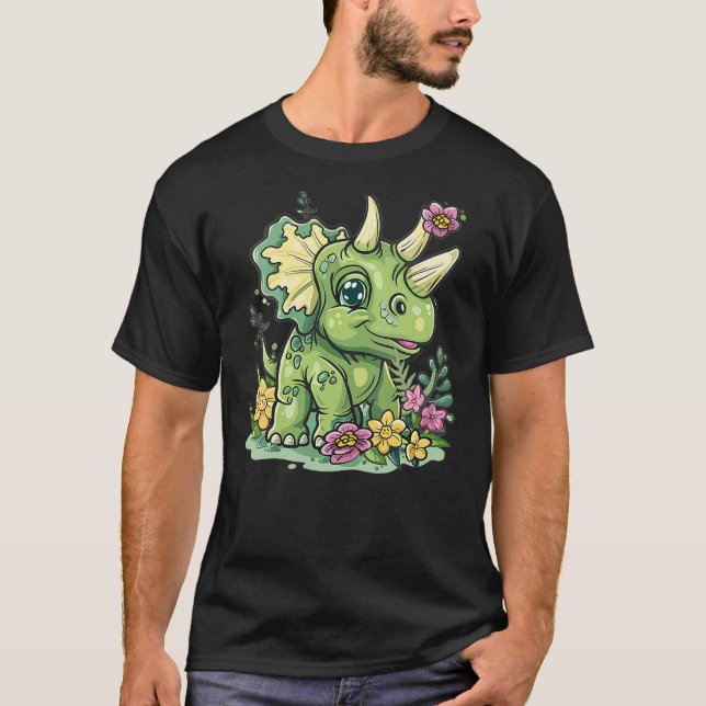 Womens Cute Triceratops Dinosaur With Flowers I Tr T-Shirt (Front)