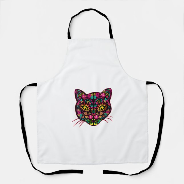 Womens Day of Dead Cats Lovers Sugar Skull Cat Dia Apron (Front)
