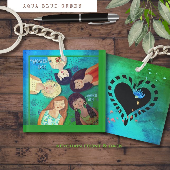 Women's Day  Woman Portraits Aqua Square Key Ring (Women's Day Woman Portraits Aqua Square Keychain )