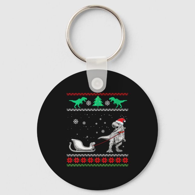 Womens Dinosaur Sleigh Merry Christmas Ugly Christ Key Ring (Front)