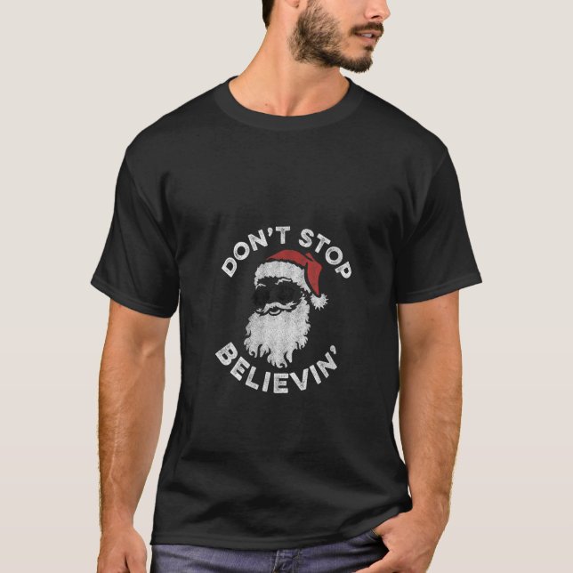 Womens Don t Stop Believin Cool Shades Santa V Nec T-Shirt (Front)