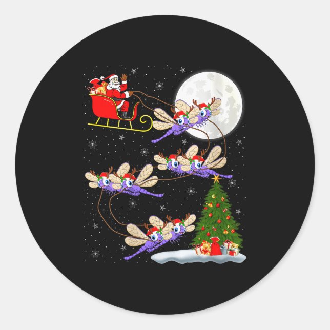 Womens Dragonfly Santa Sleigh Flying Funny Magical Classic Round Sticker (Front)