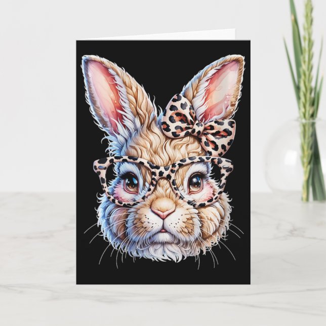 Women's Easter Bunny With Leopard Bow And Gles V-n Card (Front)