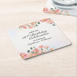 Women's Elegant Floral 50th Birthday Celebration Square Paper Coaster