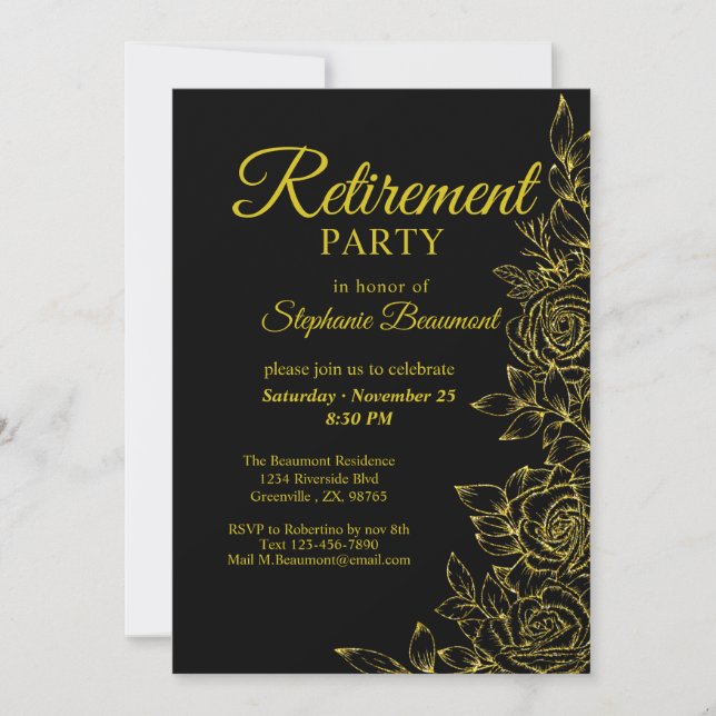 Women's Elegant Golden Rose Flower Retirement Invitation (Front)
