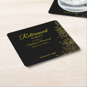 Women's Elegant Golden Rose Flower Retirement Square Paper Coaster