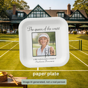 Women's Elegant Photo Tennis 50th Birthday Party Paper Plate
