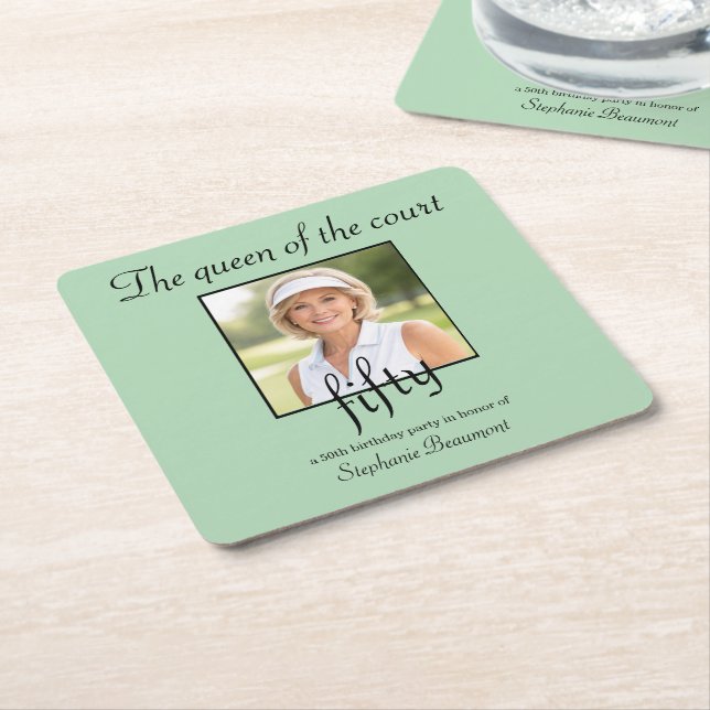 Women's Elegant Photo Tennis 50th Birthday Party Square Paper Coaster (Angled)