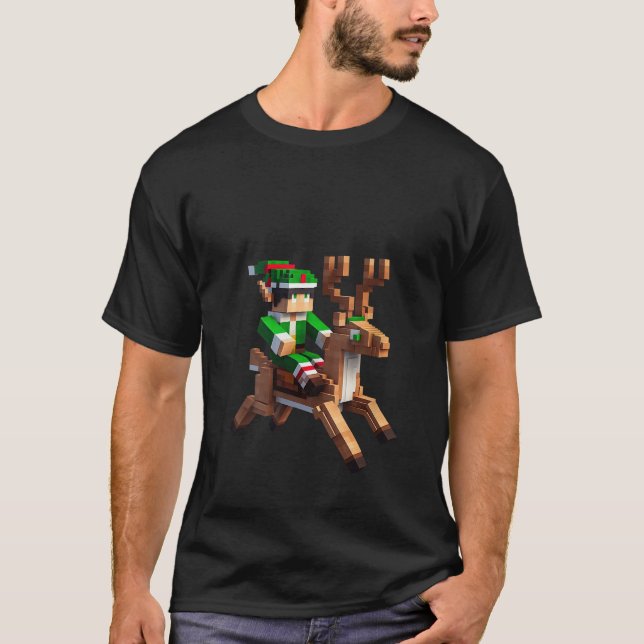 Womens Elf Riding Reindeer Design Block Style Char T-Shirt (Front)