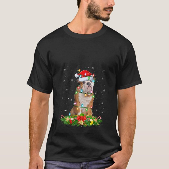 Womens English Bulldog Christmas Lights Funny Sant T-Shirt (Front)