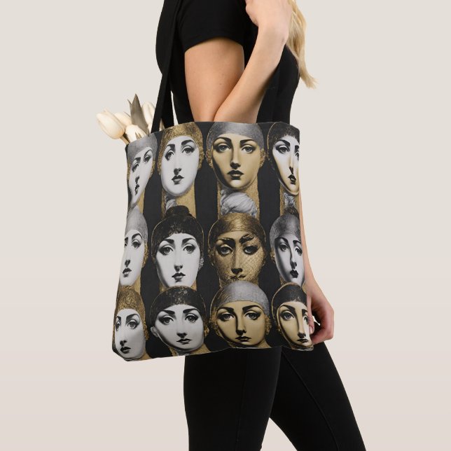 Womens Faces Gold Black White Design Tote Bag (Close Up)