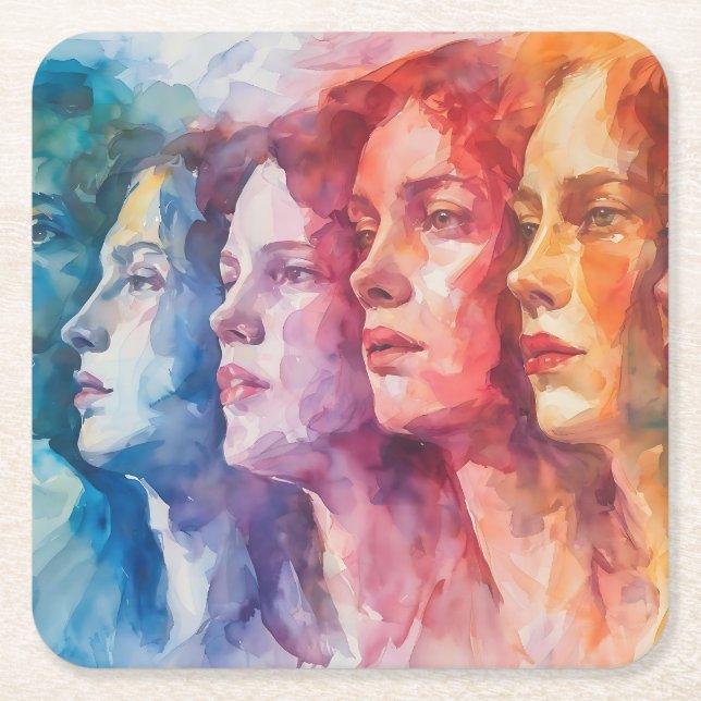 Women's Faces - Watercolor Painting Square Paper Coaster (Front)