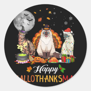 Womens Fall Autumn Cute Cat Halloween Thanksgiving Classic Round Sticker