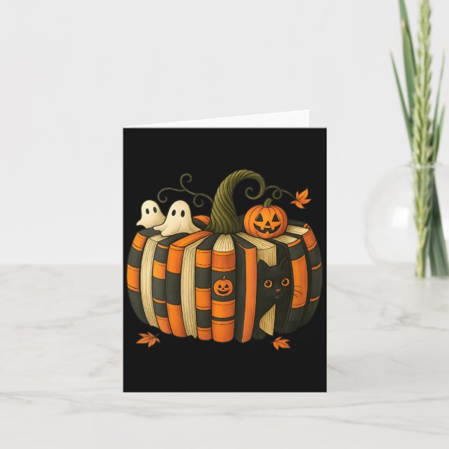 Womens Fall Book Pumpkin With Black Cat Reading Card (Front)
