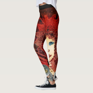 Women's Fancy Red Leggings with Asymmetric Fairy